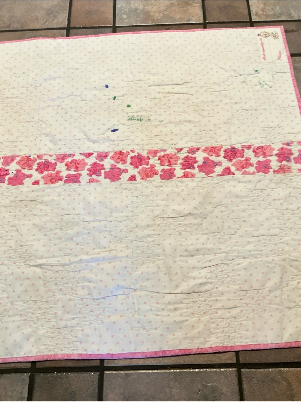 Handmade Pink Baby Quilt with Blue Accents